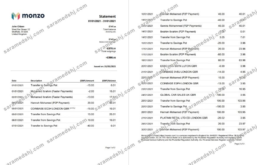 United Kingdom Monzo bank statement template in Word and PDF format (3 pages), good for address prove